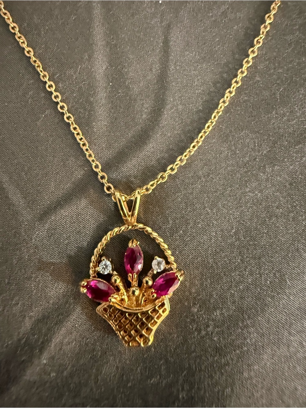 Lindenwold Easter Flower Basket Pendant Necklace With Simulated Red Garnet.